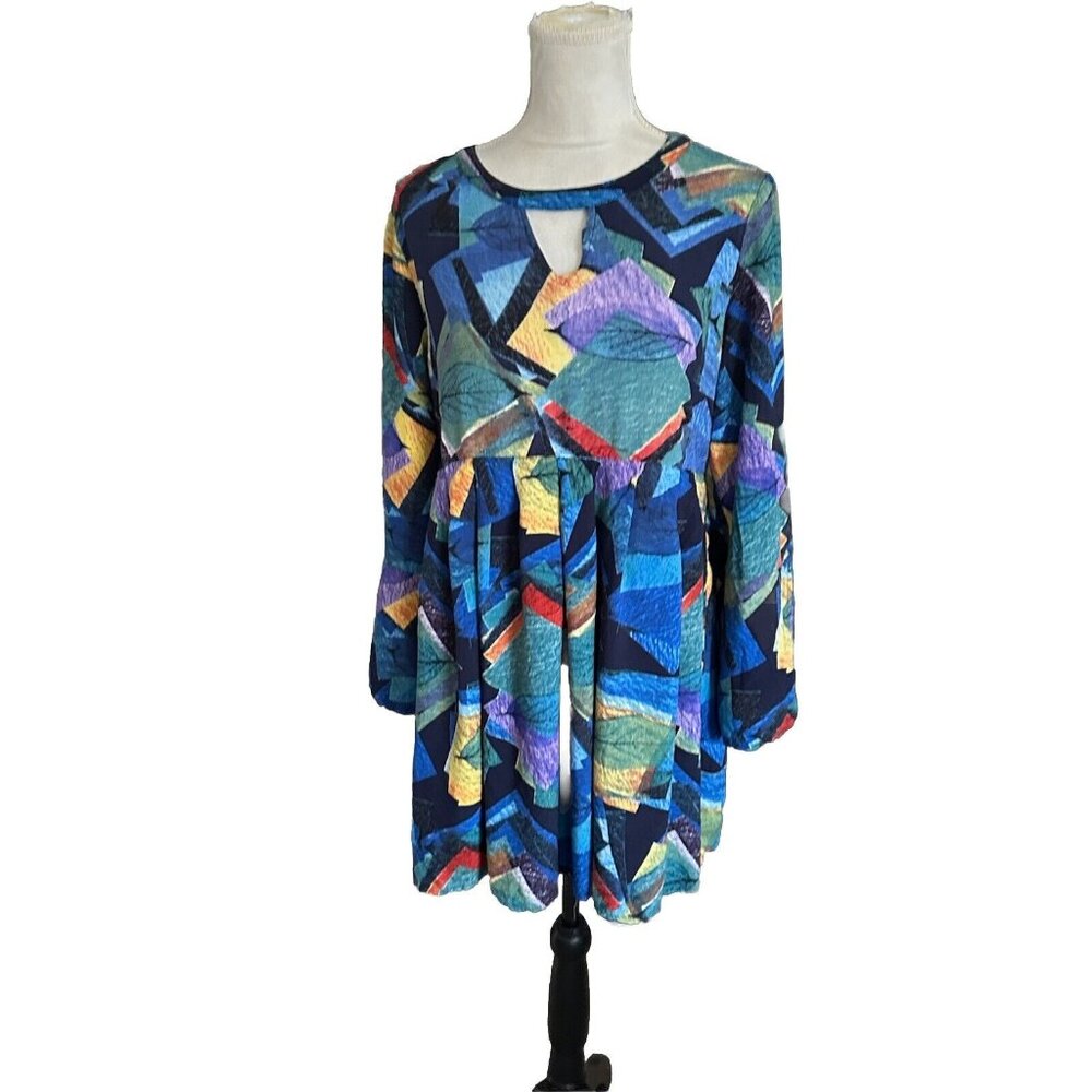 Jodifl Dress Aztec Print Blue Multi-Color Bell Sleeve Cut Out Back Resort Wear M